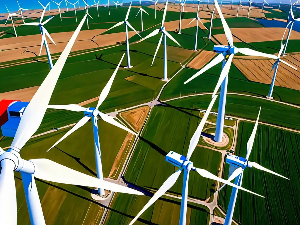 Una impresionante imagen de un parque eólico en un cielo azul claro, con turbinas capturando la energía del viento