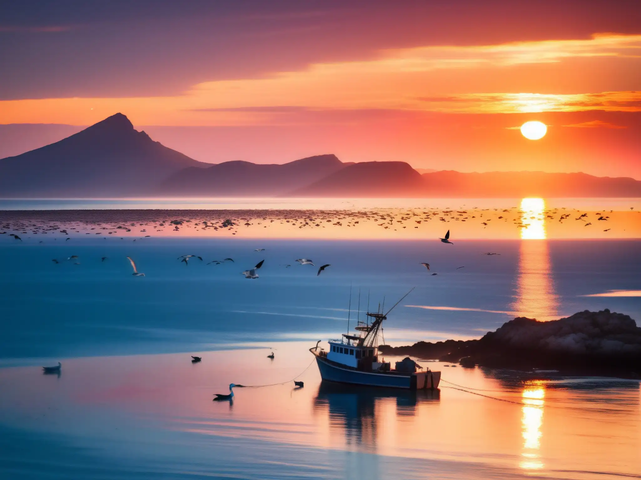 Una impresionante imagen de un vasto océano con una costa rocosa a lo lejos y un pequeño bote rodeado de gaviotas en primer plano