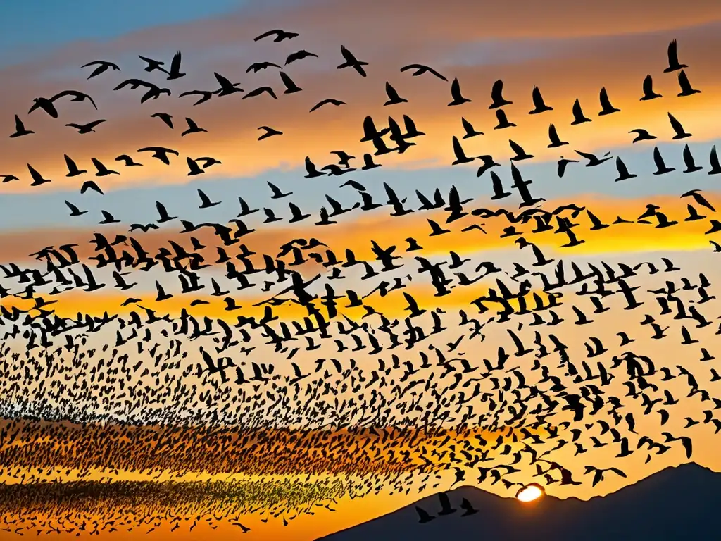 Impresionante migración de aves al atardecer, destacando la efectividad de acuerdos internacionales para la conservación de especies migratorias