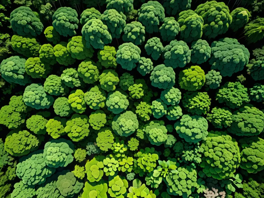 Un impresionante paisaje aéreo de un exuberante dosel de selva tropical, con tonos vibrantes de verde y una diversidad de especies arbóreas