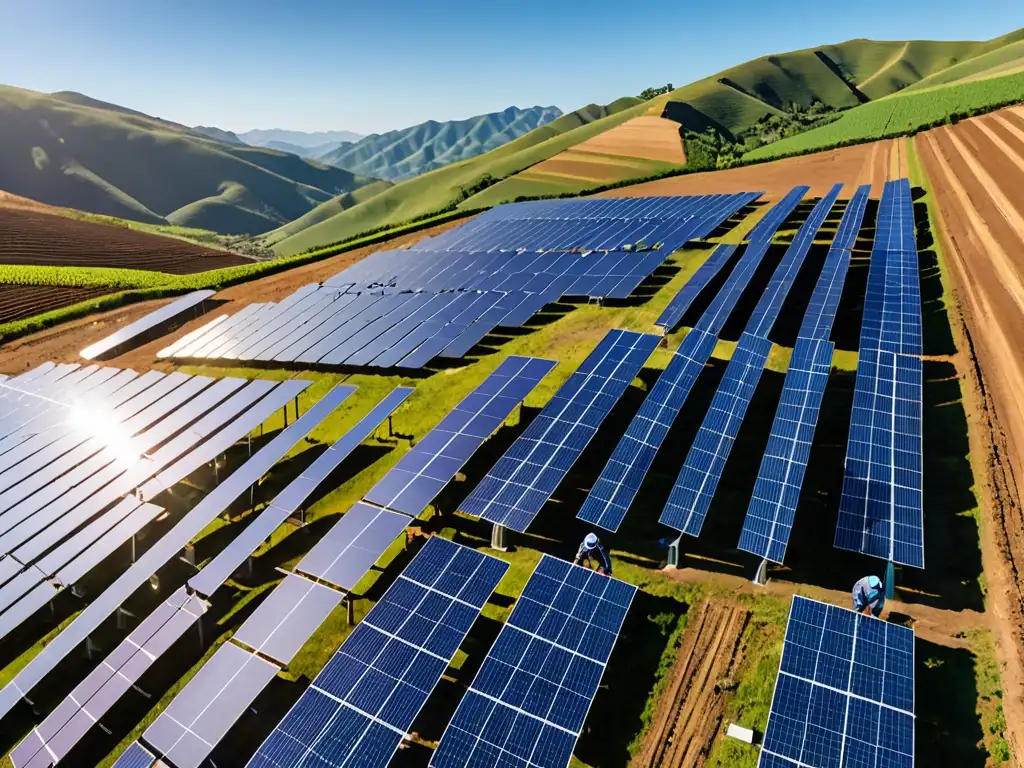 Un impresionante paisaje solar con paneles relucientes en colinas