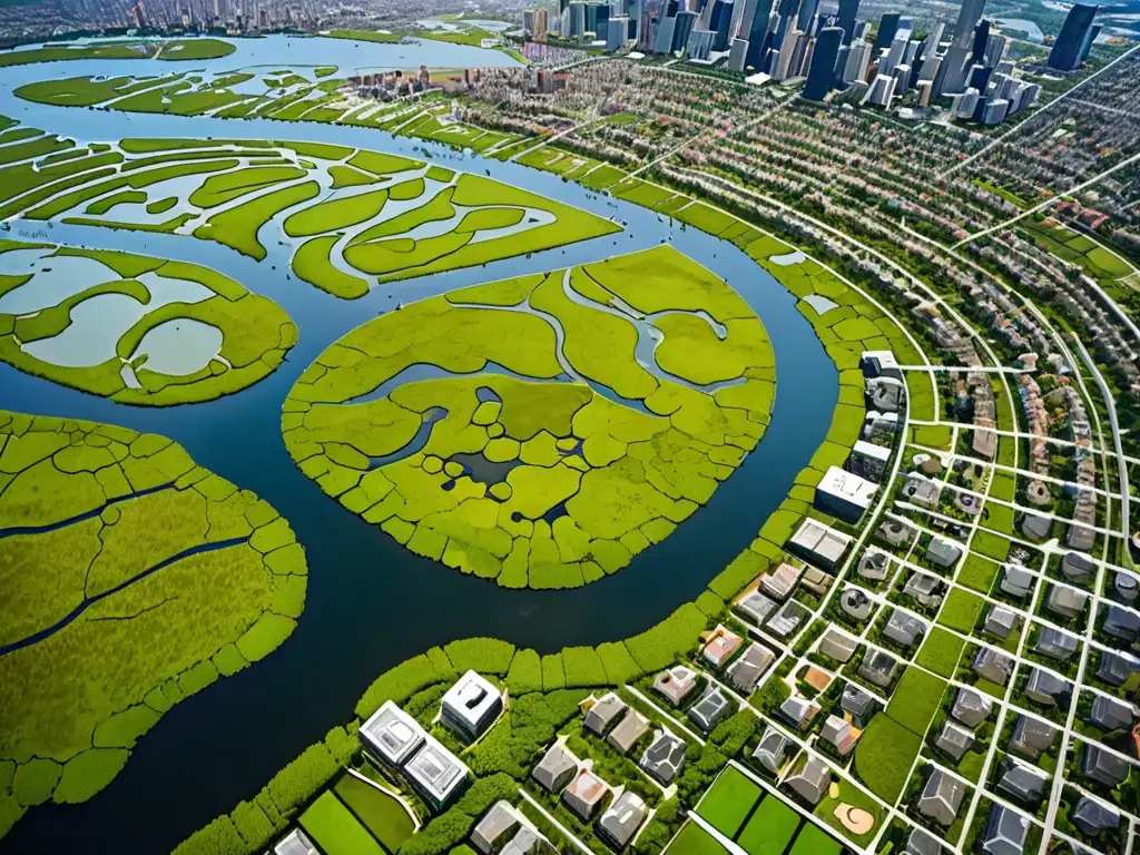 Un impresionante paisaje urbano con un exuberante humedal, resaltando la importancia protección humedales urbanos