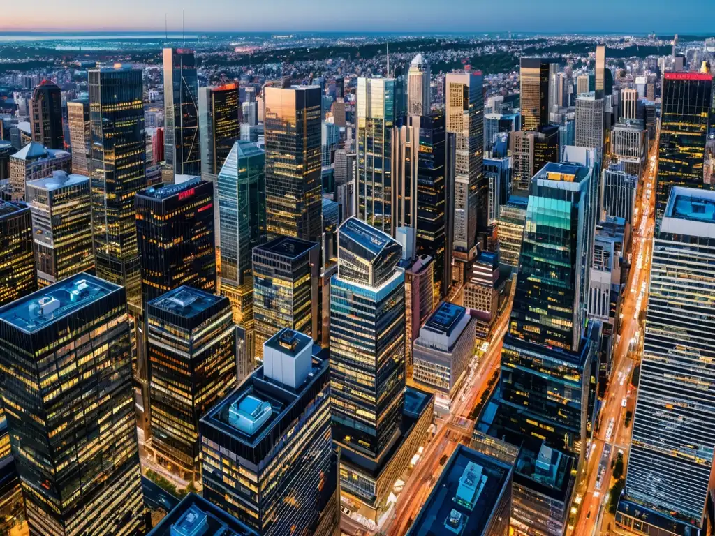 Impresionante panorama urbano de una ciudad vibrante y moderna, con rascacielos y calles llenas de actividad