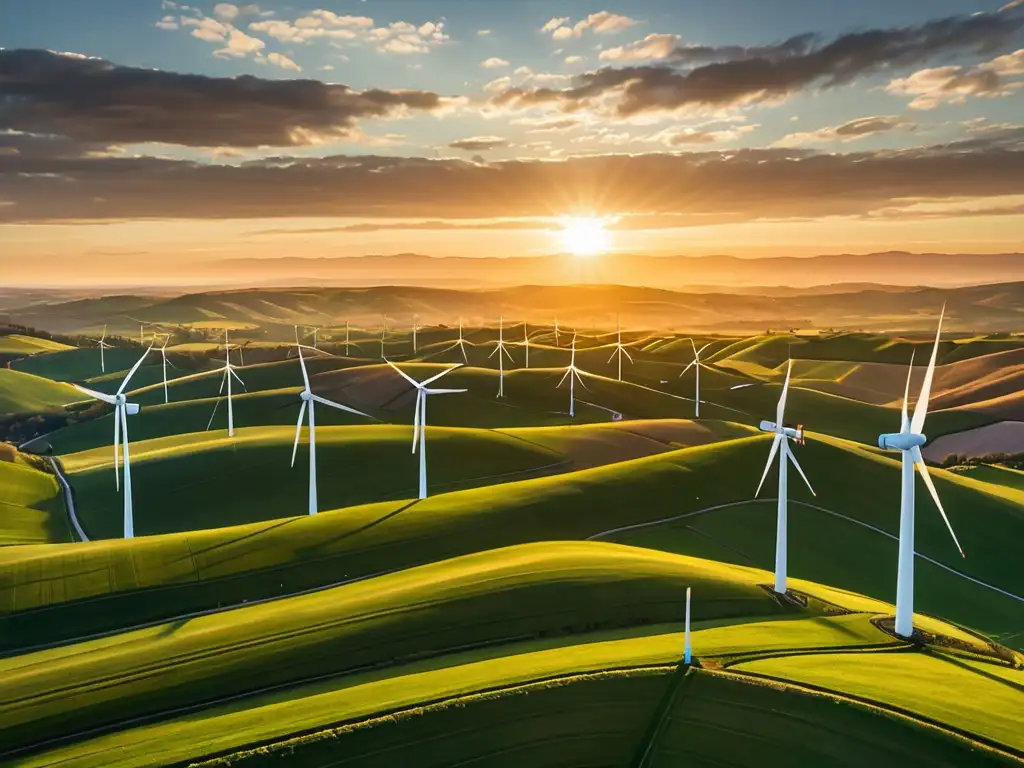 Un impresionante parque eólico integrado armónicamente en un paisaje natural, reflejando las normativas energía eólica impacto ambiental