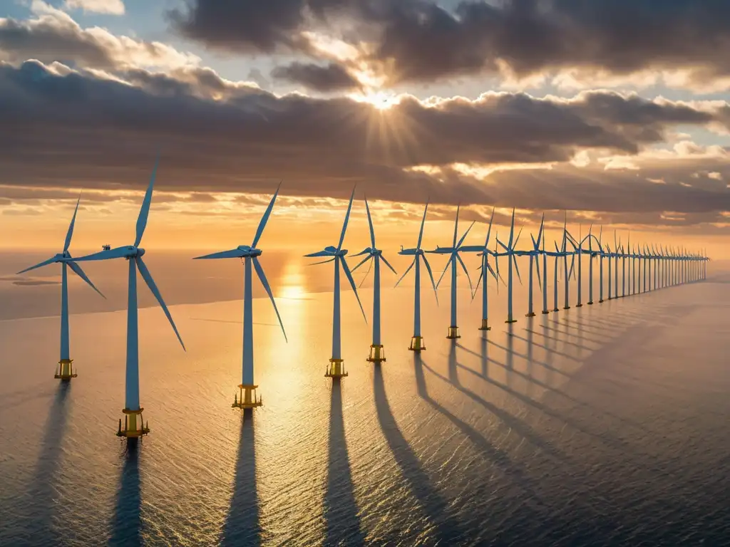 Un impresionante parque eólico marino con turbinas gigantes que capturan la energía del viento al atardecer en el océano