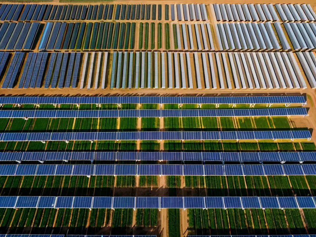 Un impresionante parque solar con filas de paneles relucientes bajo el cielo azul