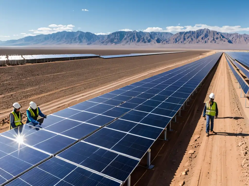 Una impresionante planta solar en el desierto, con paneles fotovoltaicos relucientes y trabajadores inspeccionando equipos