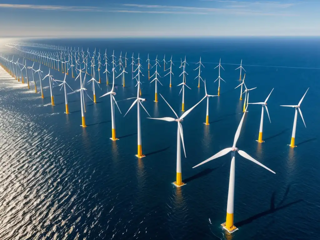 Una impresionante vista aérea de un extenso parque eólico marino, con enormes aerogeneradores que se extienden hacia el horizonte