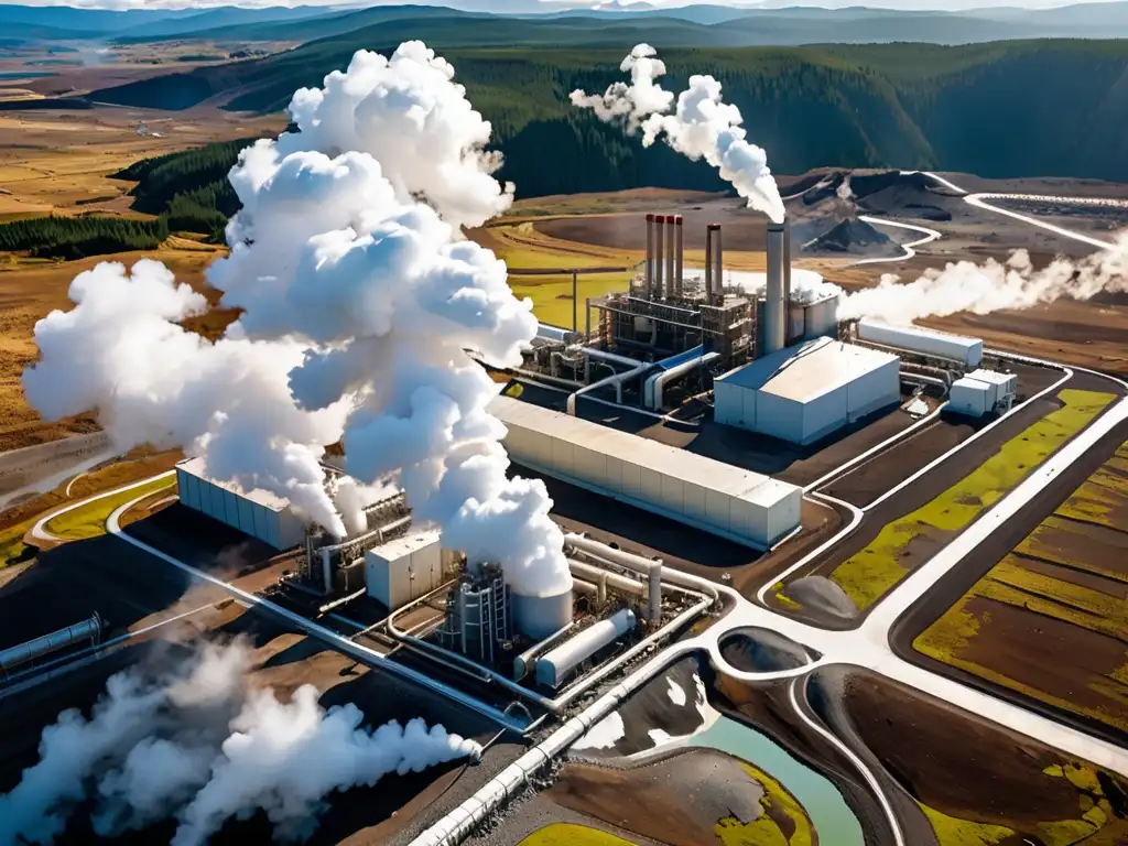 Una impresionante vista aérea de una planta de energía geotérmica en un paisaje pintoresco, con vapor blanco ascendente y estructuras visibles