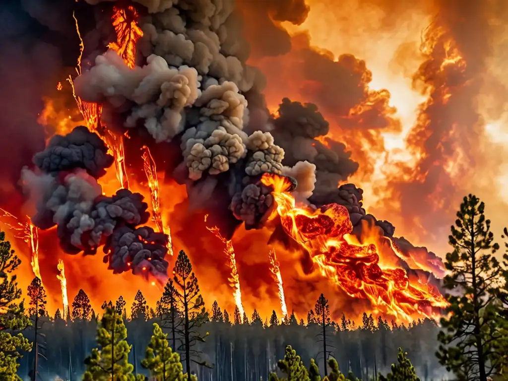 Un incendio forestal masivo muestra el impacto global del derecho ambiental, con llamas y humo envolviendo la exuberante vegetación