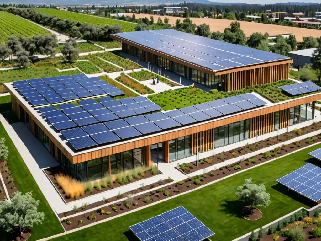 Incentivos económicos construcción verde sostenible: Edificio sostenible rodeado de naturaleza, con paneles solares y sistemas de riego eficientes