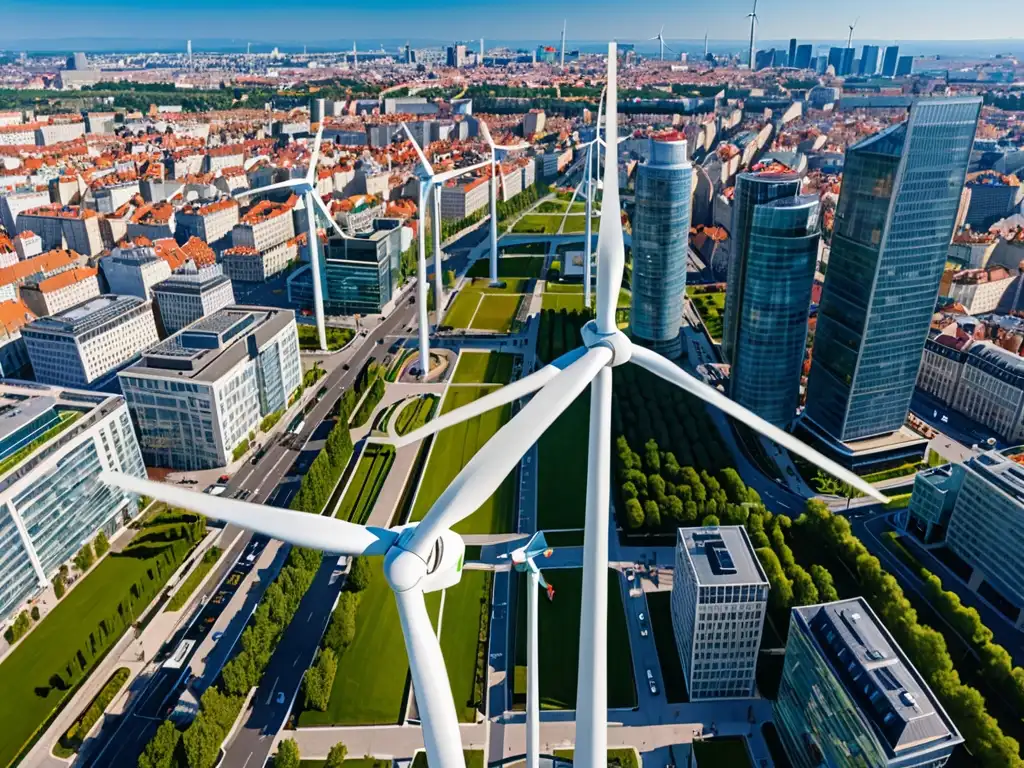 Incentivos fiscales para energías limpias: modernos aerogeneradores en el skyline urbano, simbolizando la integración armoniosa de la energía renovable en la ciudad