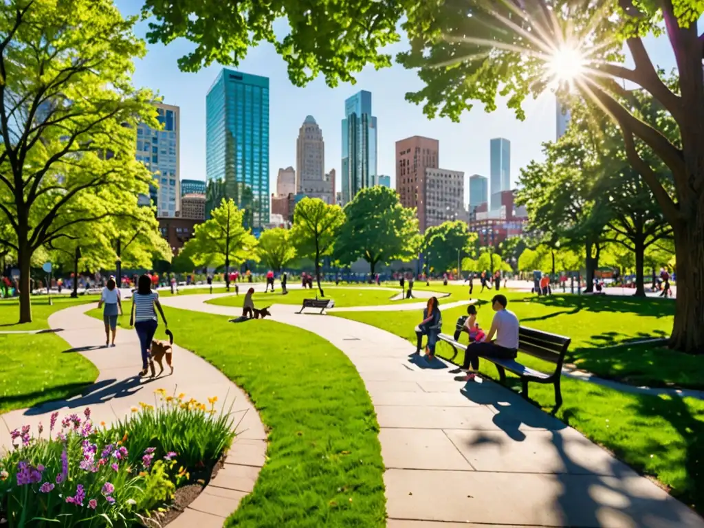 Incentivos legales para inversiones en espacios verdes: un parque urbano exuberante, con árboles, flores y gente disfrutando del aire libre