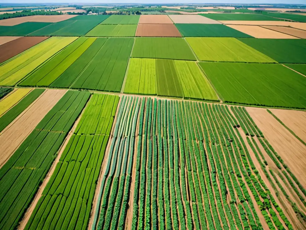 Incentivos legales agricultura sostenible: Paisaje agrícola vibrante y sostenible, con diversidad de cultivos y energías renovables