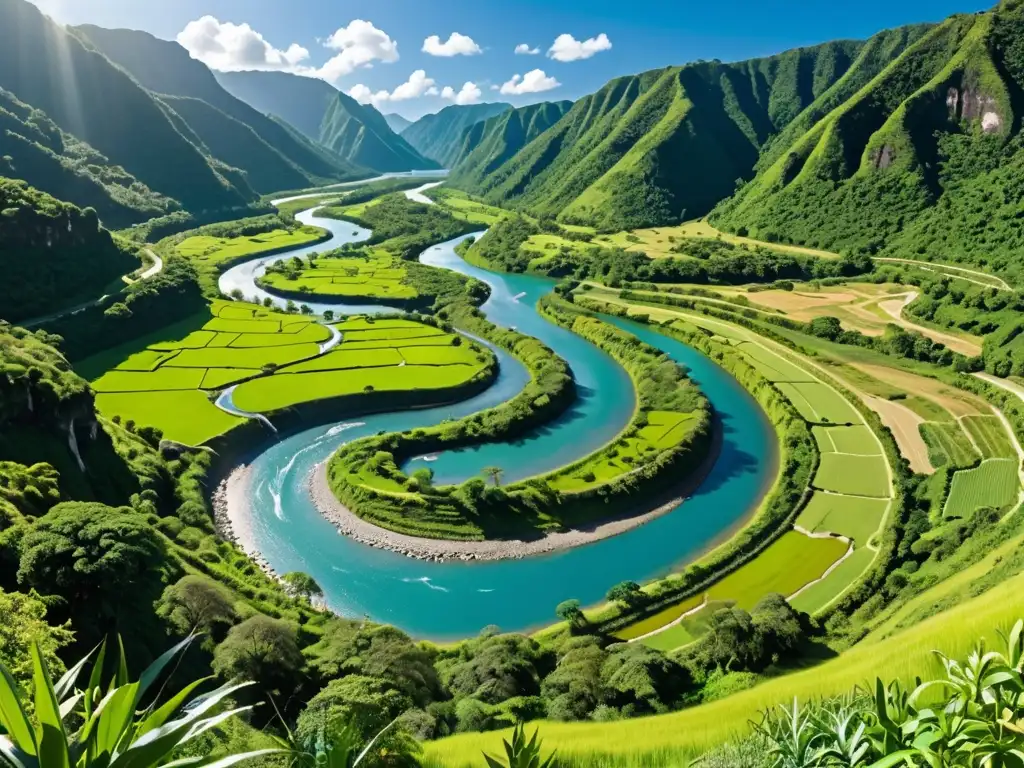 Increíble paisaje sostenible con río, flora exuberante y entusiastas del turismo disfrutando