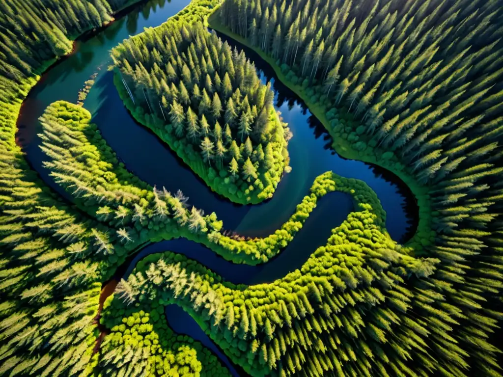 Increíble vista aérea de un exuberante bosque con un río serpenteante