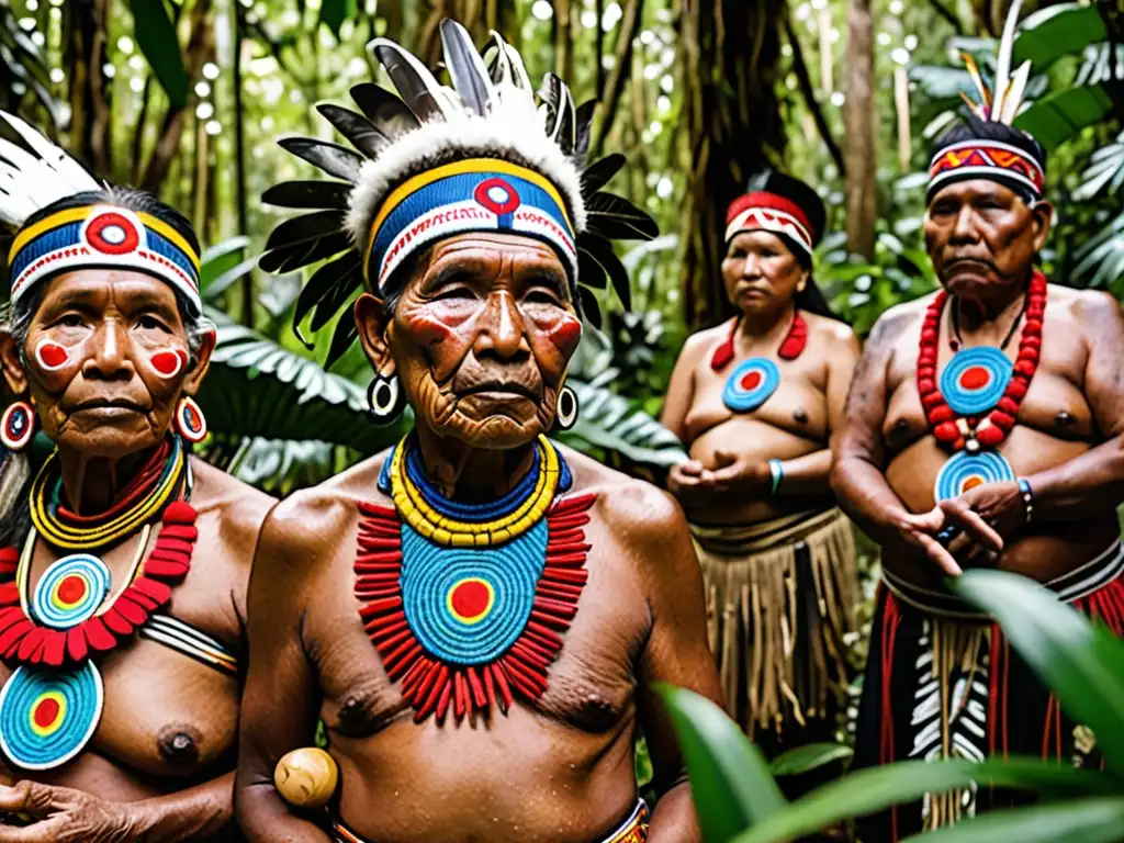 Sabiduría ancestral: Ceremonia indígena en la selva Indígenas realizando una ceremonia tradicional en la selva, protección legal patrimonio genético ancestral