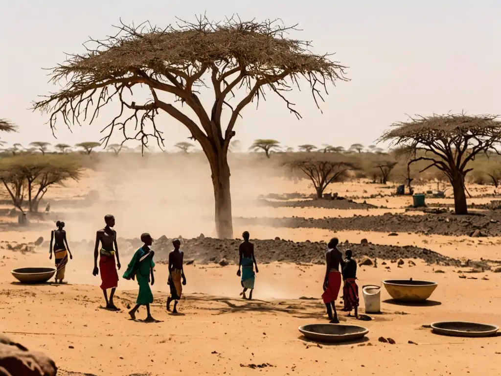 Indígenas se reúnen alrededor de fuente de agua en paisaje africano árido