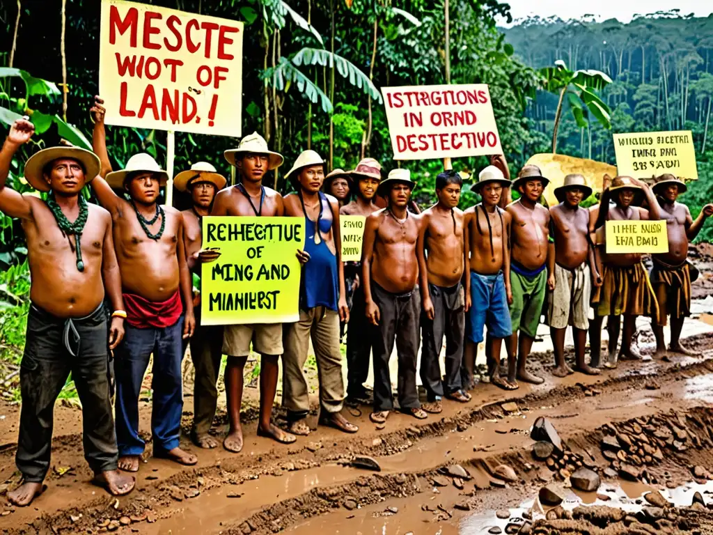 Indígenas protestan contra el impacto global de la minería ilegal en la Amazonía, con pancartas y determinación en medio de exuberante vegetación