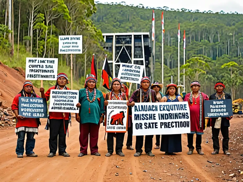 Indígenas protestan contra impacto de industrias extractivas en sus derechos territoriales, rodeados de naturaleza exuberante y maquinaria imponente