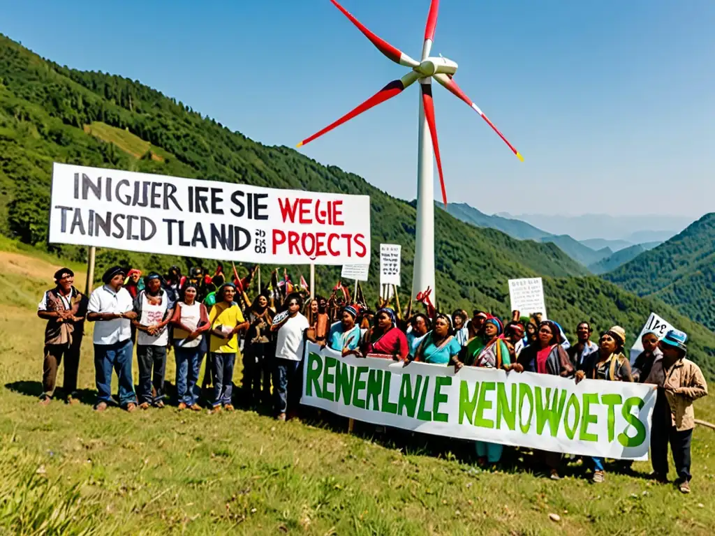 Indígenas protestan cerca de molino eólico en montañas verdes y cielo azul