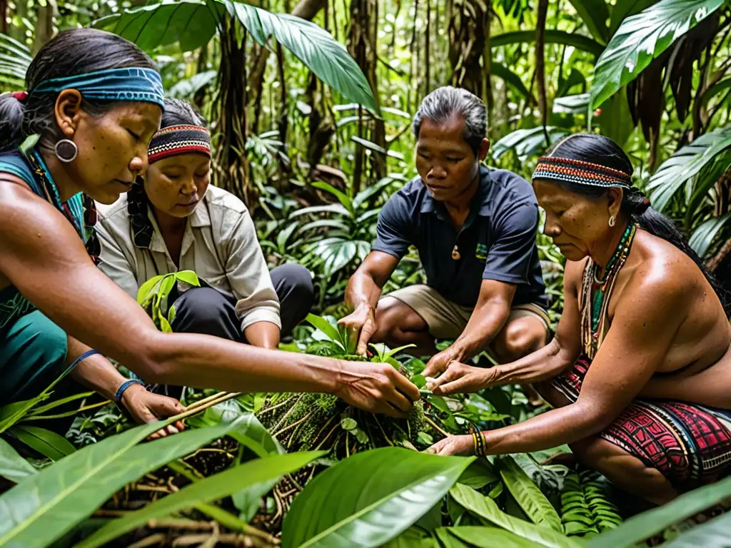 Indígenas cosechando plantas medicinales en la selva, respetando la regulación de acceso a recursos genéticos y el derecho ambiental