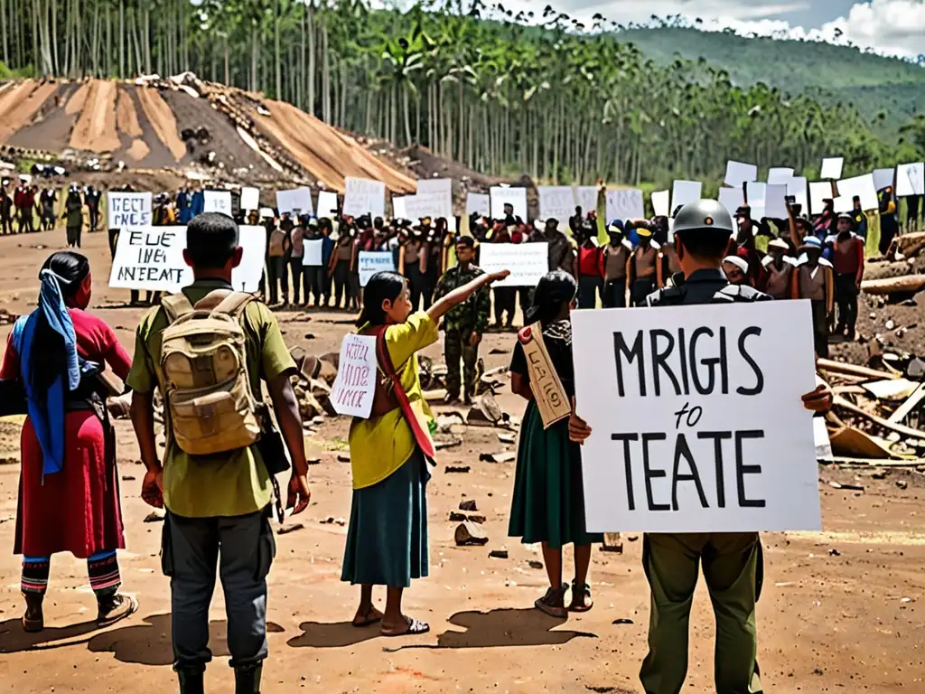 Indígenas en protesta contra la injusticia ambiental global en derechos humanos, desafiando a fuerzas de seguridad en tierra deforestada