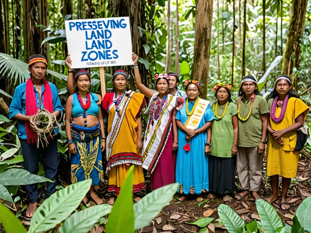 Indígenas en selva biodiversa con letrero sobre desafíos implementación leyes conservación zonas conflicto, conexión profunda con entorno