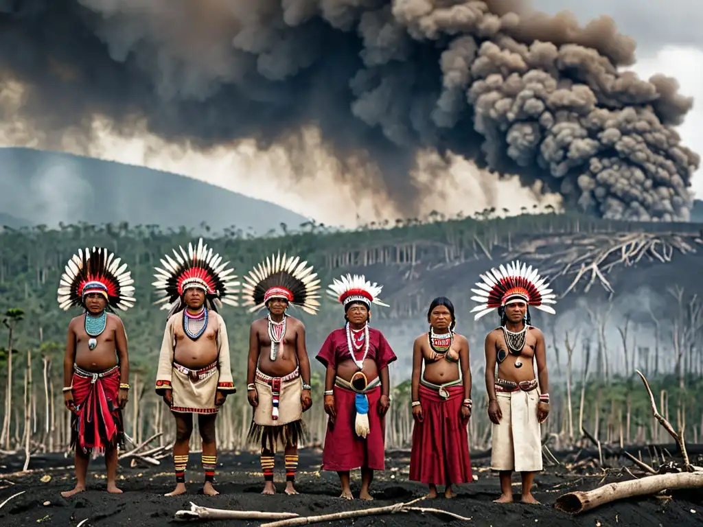 Indígenas en vestimenta tradicional frente a paisaje deforestado, evocando protección comunidades vulnerables y justicia climática