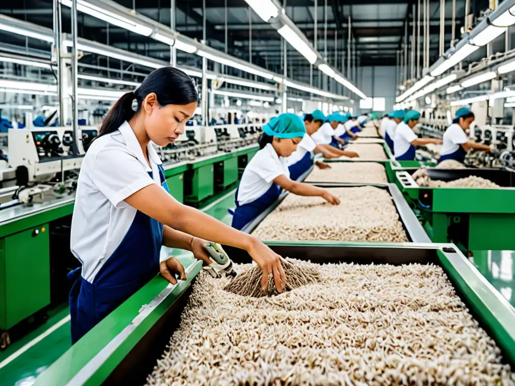 Industria textil con maquinaria eco-friendly y trabajadores monitoreando procesos, enfocada en desafíos cumplimiento ambiental