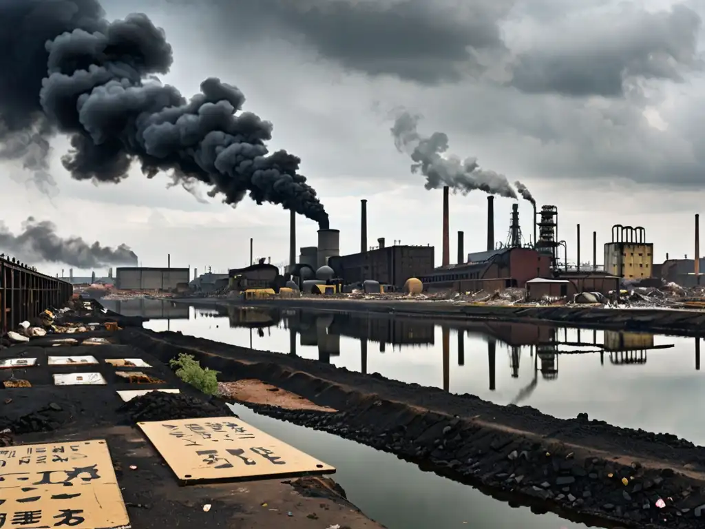 Desolación industrial con humo tóxico y daño ambiental evidente