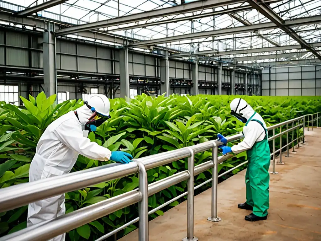 Instalación industrial moderna con estricto cumplimiento normativa gestión sustancias peligrosas, rodeada de exuberante vegetación