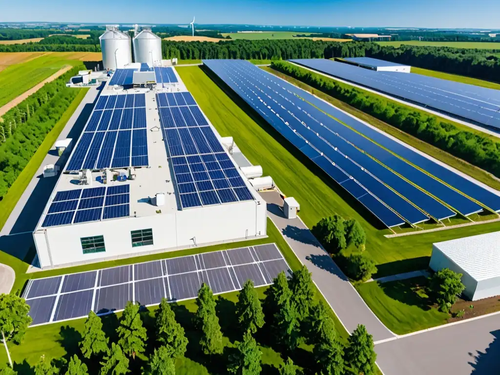 Instalación industrial moderna con tecnología ecoamigable, rodeada de vegetación exuberante