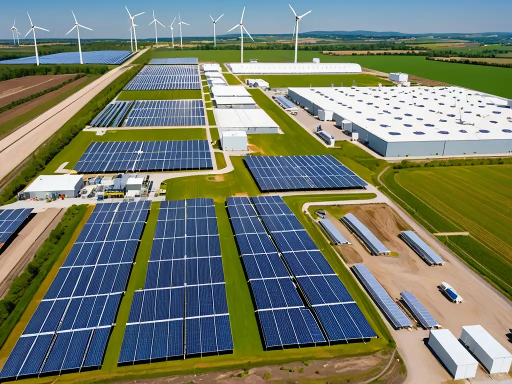 Instalación industrial con paneles solares y turbinas eólicas, trabajadores en maquinaria eficiente