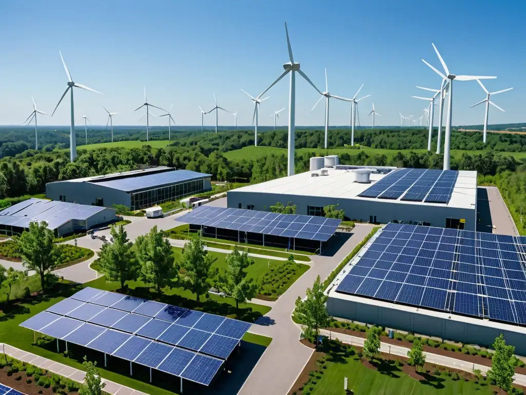 Instalación industrial sostenible rodeada de vegetación, con paneles solares y turbinas eólicas, empleados en uniformes ecológicos promoviendo la Responsabilidad Social Empresarial normativas ambientales