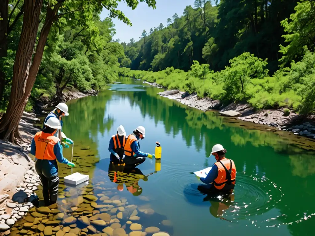 Ingenieros y expertos ambientales realizan pruebas de calidad del agua en un río prístino