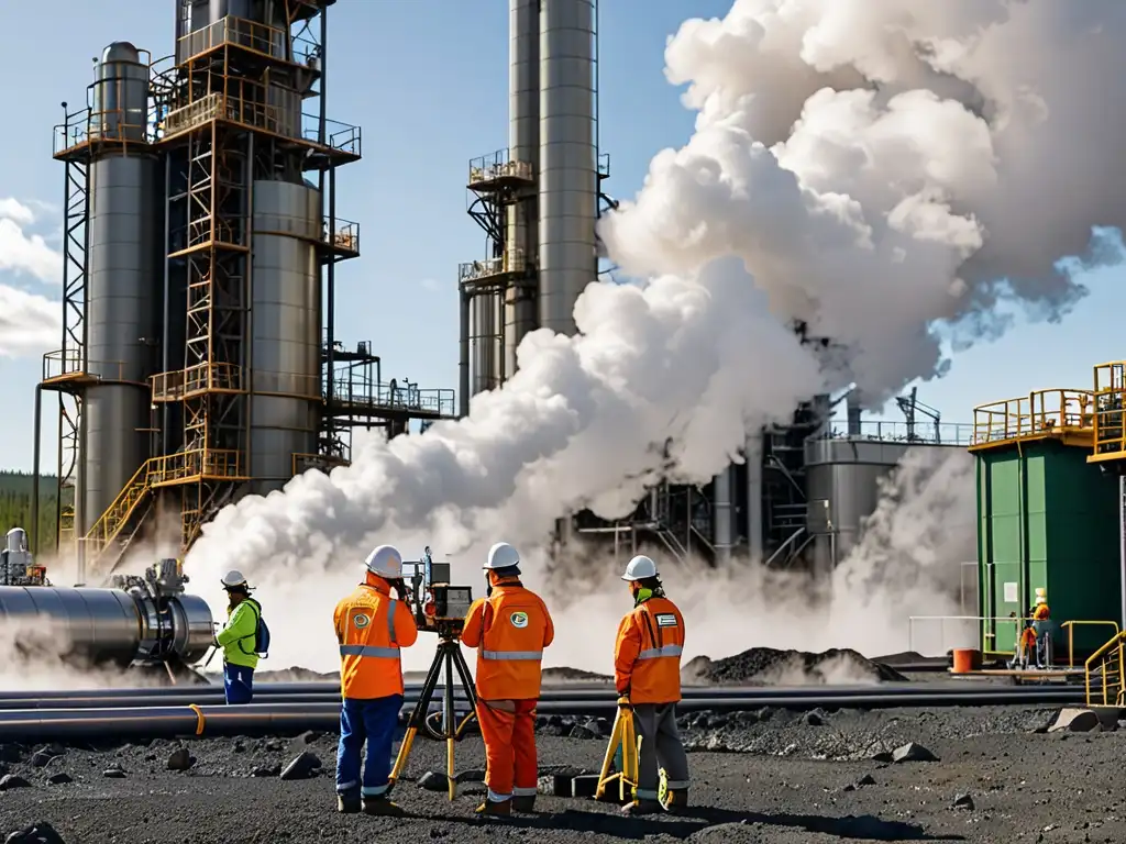 Ingenieros y geólogos inspeccionan planta geotérmica, destacando legislación energía geotérmica impacto ambiental