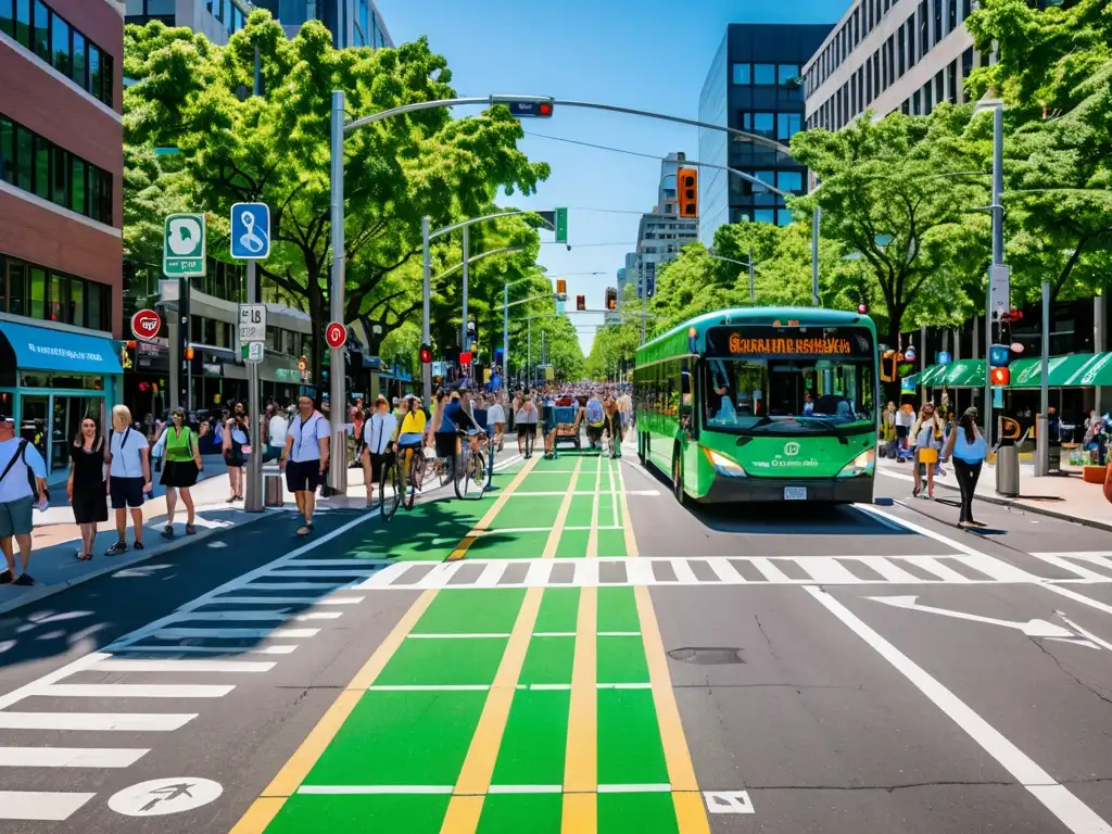 Iniciativas transporte sostenible América: Una bulliciosa calle de la ciudad llena de peatones, ciclistas y autobuses eléctricos, rodeada de exuberantes árboles verdes y cielos azules