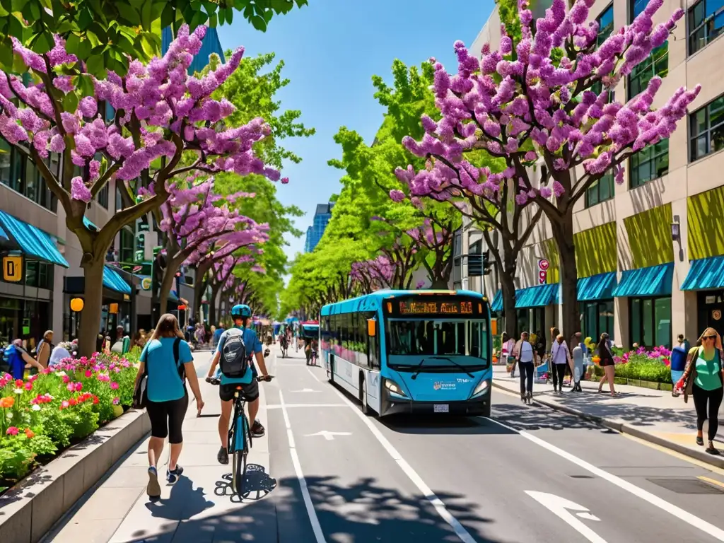 Iniciativas transporte sostenible América: Vibrante calle urbana con buses eléctricos, ciclistas, paneles solares y flores coloridas