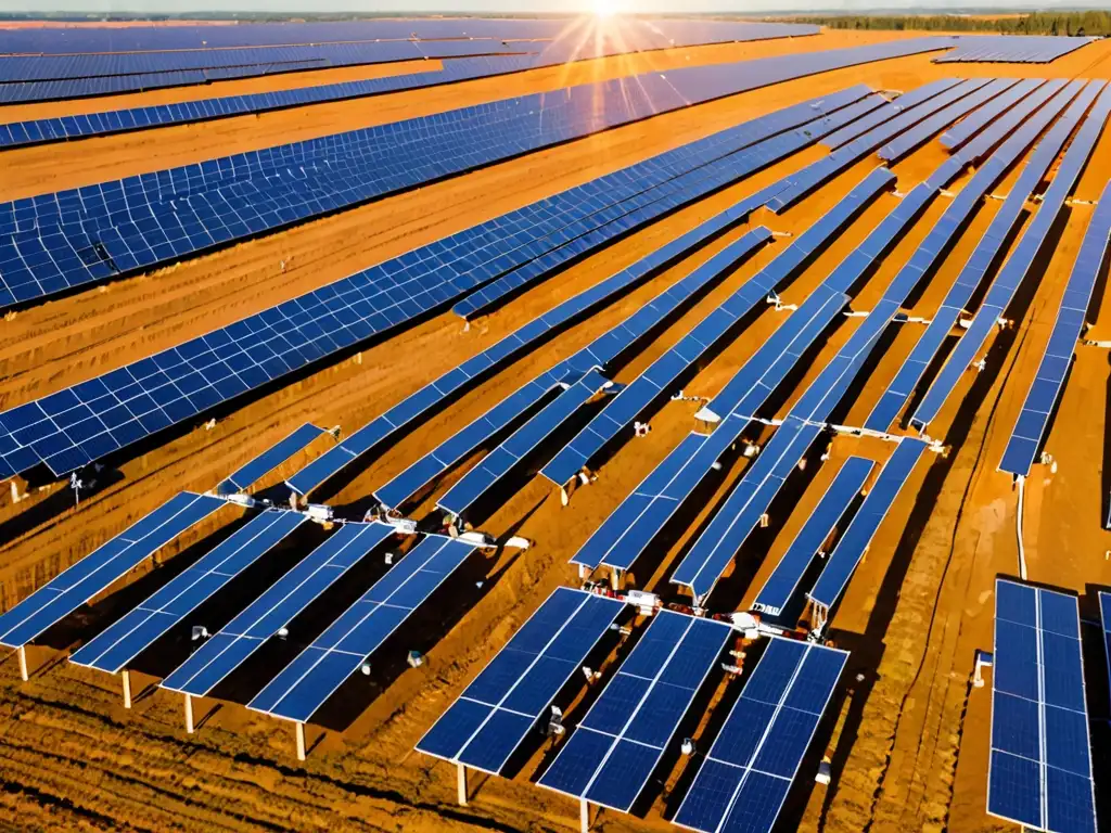 Inmensa granja solar al atardecer con paneles relucientes y técnicos, reflejando 'Incentivos adopción energías limpias'