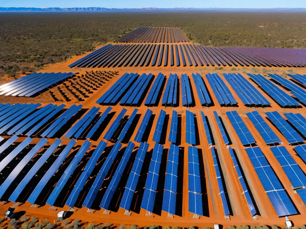 Inmensa granja solar en el Outback australiano, con paneles relucientes bajo el cielo azul