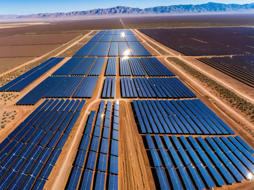 Inmensa granja solar en el desierto, con paneles brillando bajo el sol