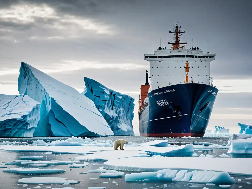 Un inmenso buque carguero navega entre aguas árticas heladas, rodeado de majestuosos icebergs