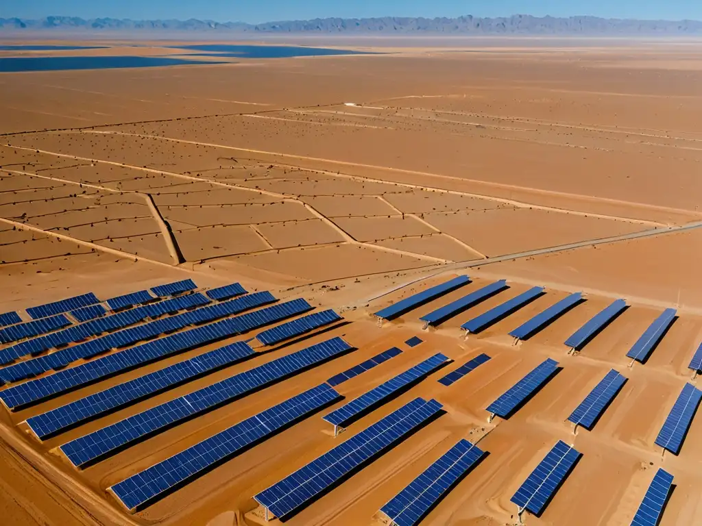 Un inmenso campo de paneles solares en el Desierto de Gobi, reflejando la luz del sol y generando energía limpia para el mundo