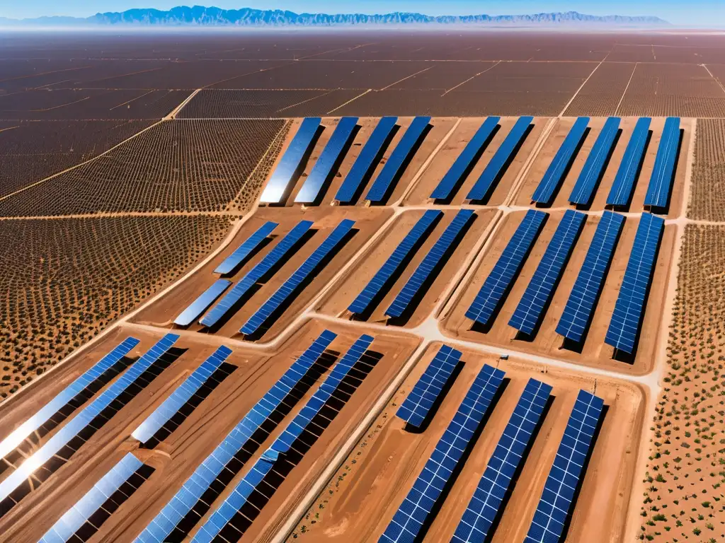 Un inmenso campo solar en el desierto, con paneles relucientes bajo el sol