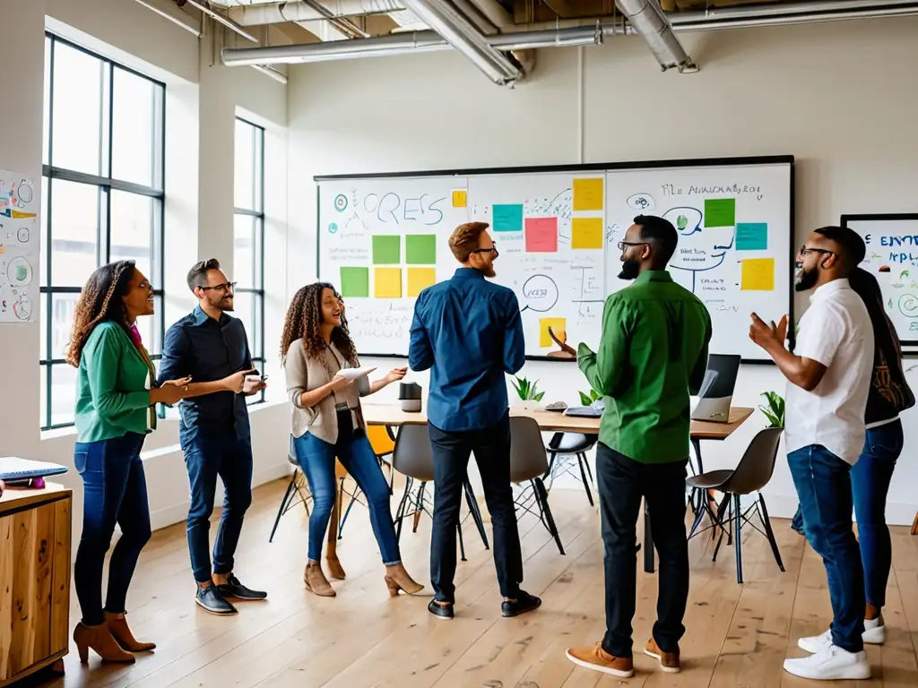 Inspirador ambiente de oficina ecoamigable donde emprendedores colaboran en proyectos de startups ambientales