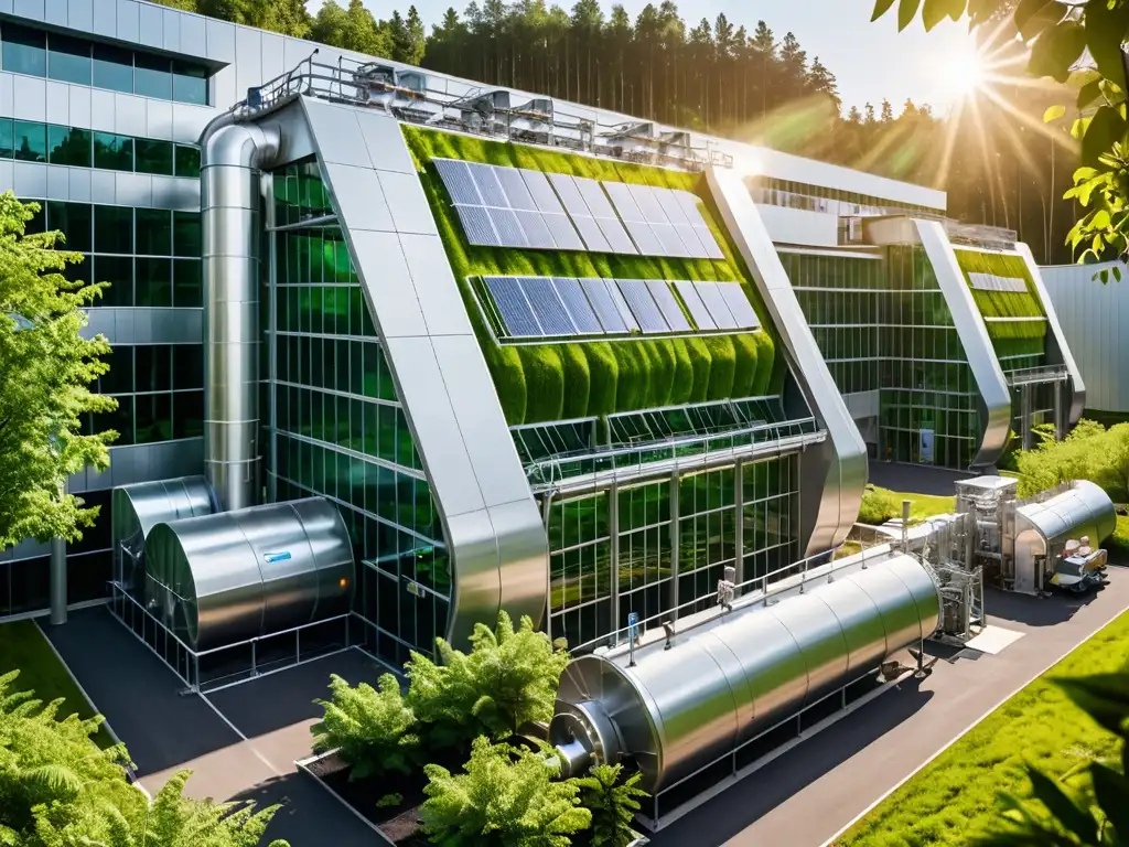 Instalación de bioenergía sostenible con arquitectura futurista, maquinaria avanzada y naturaleza exuberante