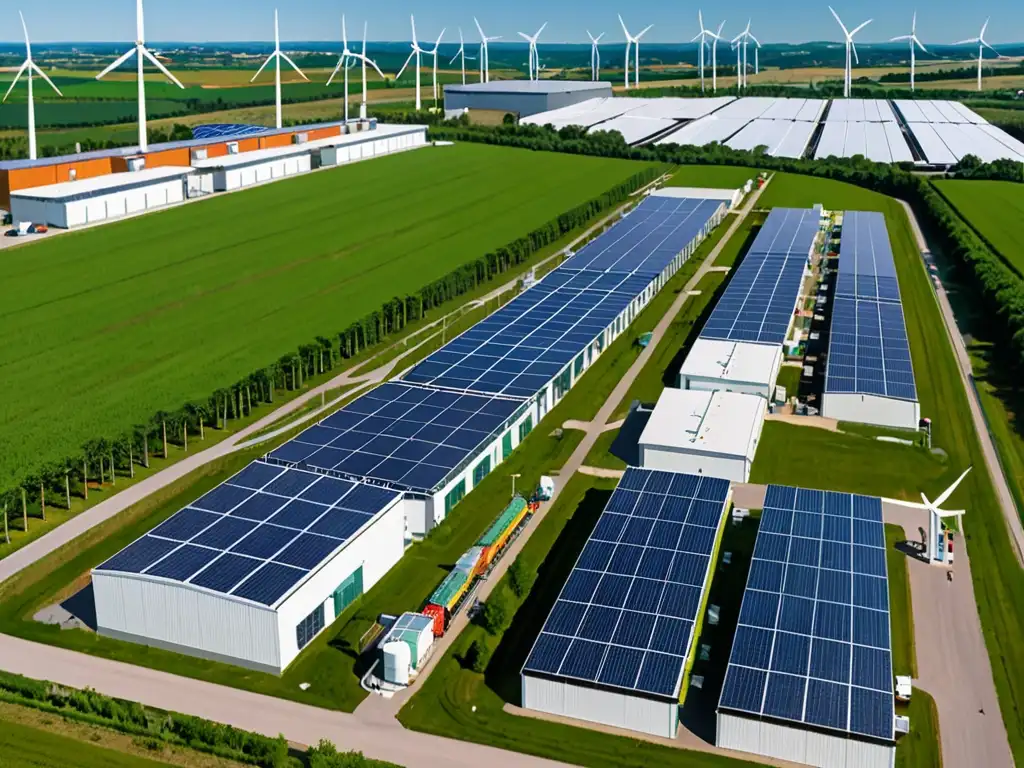 Una instalación industrial moderna y sostenible con paneles solares y turbinas eólicas, rodeada de un paisaje verde exuberante