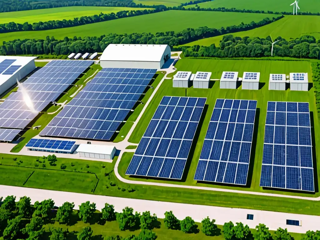 Una instalación industrial sostenible con paneles solares, turbinas eólicas y vegetación exuberante