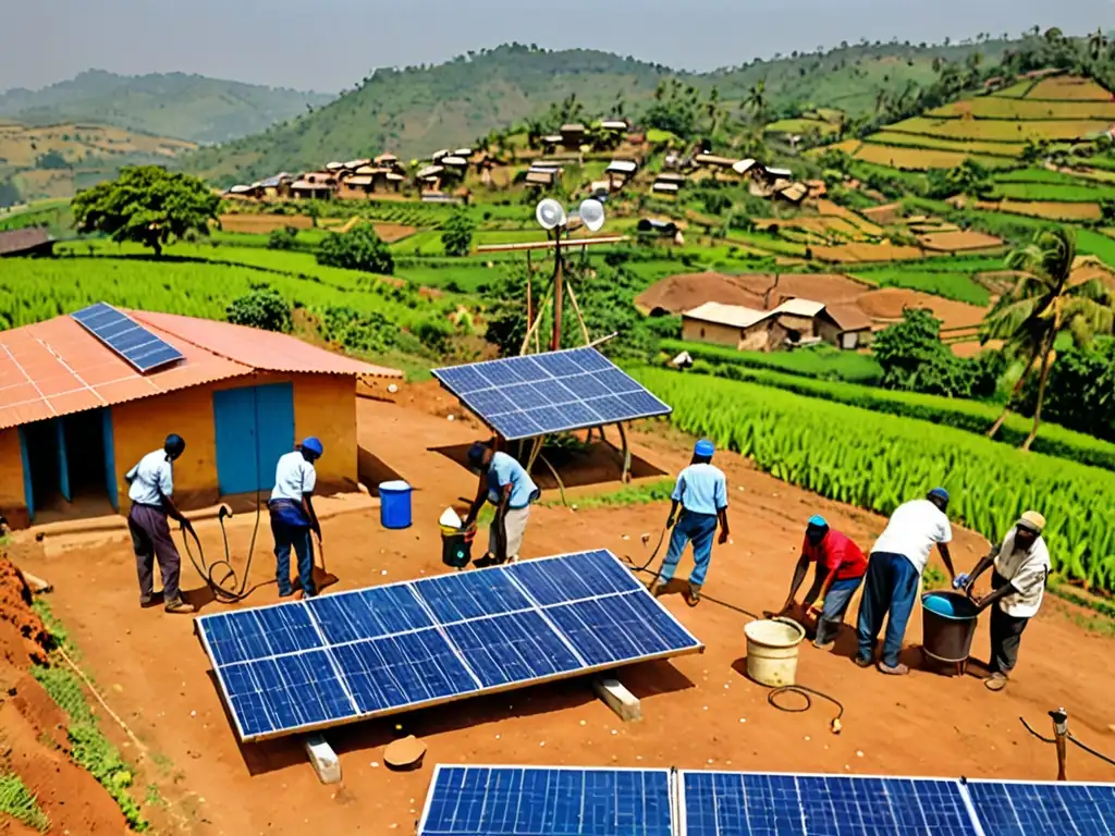 Instalación de paneles solares en una aldea rural, con residentes y técnicos trabajando juntos